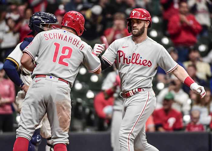 Kyle Schwarber celebrates Bryce Harper's three-run home run against the Milwaukee Brewers.